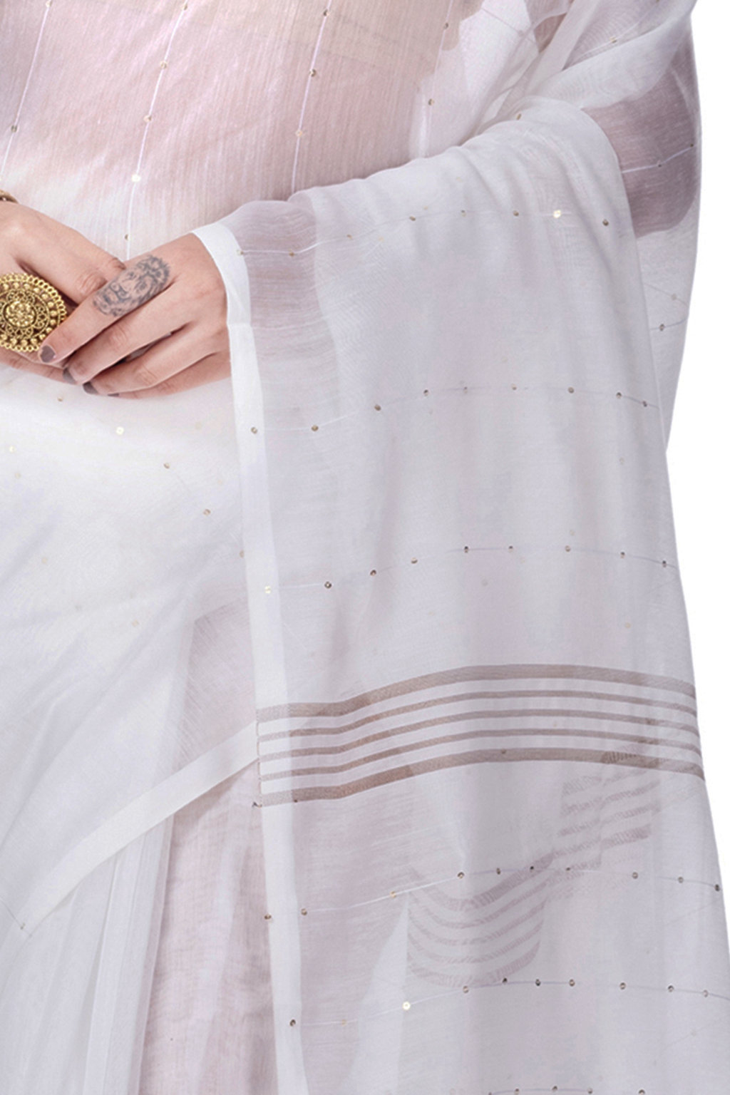 White Blended Cotton Sequence_Handloom Hand Loom Saree (470)